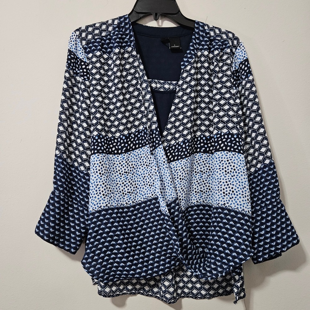 New Directions Blue Geometric Mixed Print Faux Wrap Blouse Bell‎ Sleeve Large